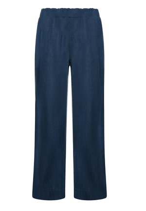 Pantaloni a gamba larga blu navy, realizzati in un tessuto leggero, con una vita elastica e una leggera trama senza tasche visibili.