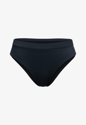 Black bikini bottom with ribbed texture. Features a high waist and elastic waistband. Simple design without additional patterns or accents.