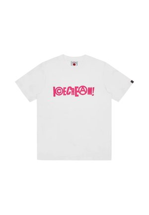 Maglietta bianca a maniche corte con testo grafico rosa acceso "ICECREAM!" con lettere stilizzate e divertenti sul petto.