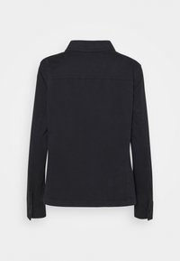 Zwarte lange mouwen jas van katoen, met een klassieke kraag, knoopmanchetten en een rechte zoom met een gladde textuur.