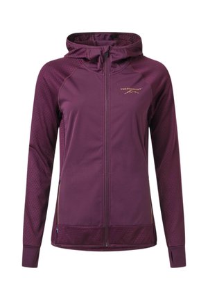 Veste à capuche violette avec fermeture éclair intégrale, manches texturées et logo Swedemount sur la poitrine gauche, conçue pour une utilisation en extérieur.