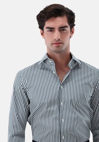 Gestreifte Button-Down-Bluse in Dunkelgrün und Weiß, mit klassischem Kragen, langen Ärmeln und schmaler Passform.