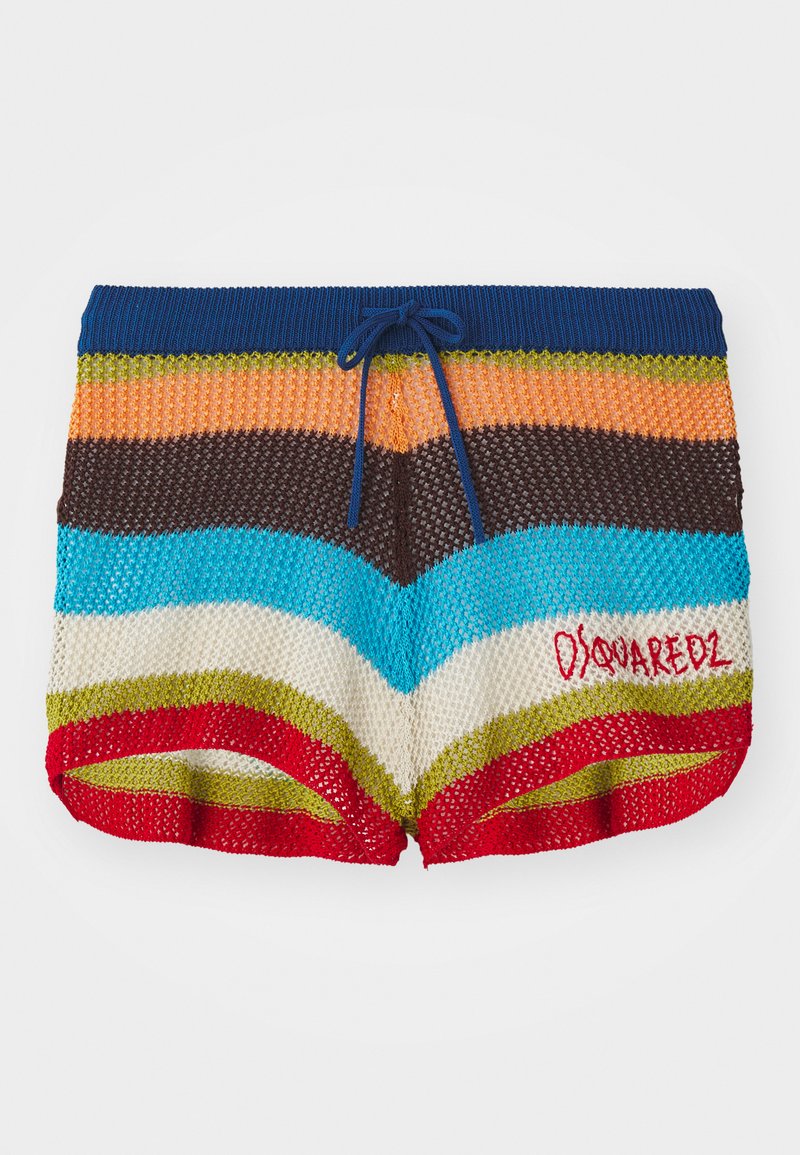 Knit shorts with horizontal stripes in blue, orange, brown, turquoise, cream, green, and red, featuring a navy drawstring and red "Dsquared2" logo.