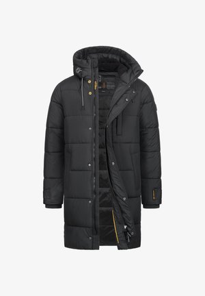 Zwarte gewatteerde jas met capuchon, voorzien van een ritssluiting, drukknoopsluiting en zakken. Gevoerde binnenkant met een zachte textuur. Gele accenten zichtbaar.