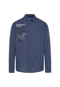 Blau und grau kariertes Langarmhemd mit Knopfleiste. Verfügt über gedruckten Text und kontrastierende Akzente auf der Brust und dem Ärmel.