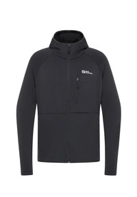 Veste noire avec fermeture éclair, surface texturée, capuche et poches latérales. Comprend une petite poche zippée sur la poitrine. Logo de la marque affiché de manière proéminente.