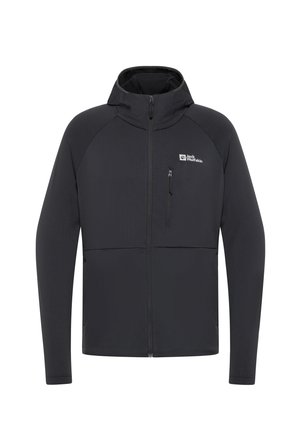 Schwarze Jacke mit Reißverschluss, strukturiertem Obermaterial, Kapuze und seitlichen Taschen. Verfügt über eine kleine Reißverschlusstasche auf der Brust. Markenlogo gut sichtbar.