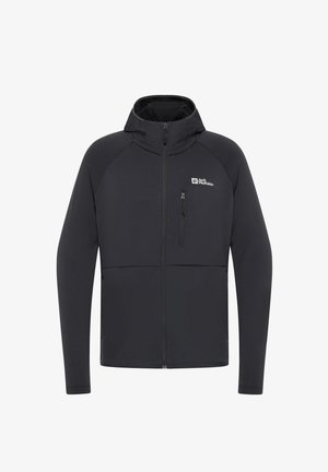 Schwarze Jacke mit Reißverschluss, strukturiertem Obermaterial, Kapuze und seitlichen Taschen. Verfügt über eine kleine Reißverschlusstasche auf der Brust. Markenlogo gut sichtbar.