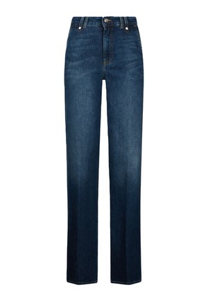 Jeans a vita alta con gamba dritta in denim blu scuro, dotati di cerniera frontale, bottone in metallo e design con cinque tasche con dettagli scoloriti.