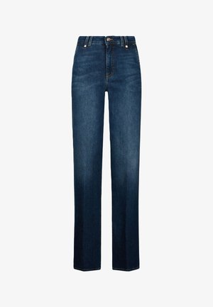 Jeans a vita alta con gamba dritta in denim blu scuro, dotati di cerniera frontale, bottone in metallo e design con cinque tasche con dettagli scoloriti.