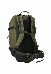 Mochila de nailon verde con correas ajustables, respaldo acolchado y un bolsillo delantero con cremallera para almacenamiento. Costuras reforzadas y diseño ergonómico.