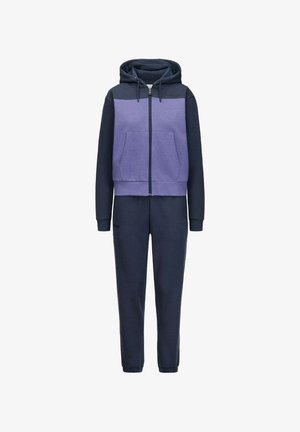 Felpa con cappuccio viola e blu navy con zip, tasca a marsupio e coulisse sul cappuccio, abbinata a pantaloni jogger blu navy coordinati. Tessuto in misto cotone.