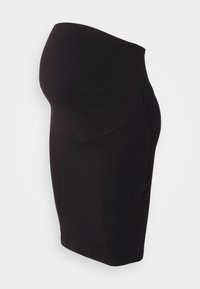 Äitiyshelma mustasta joustavasta kankaasta, polvipituinen, jossa on sileä vyötärö ja sovitettu siluetti hienovaraisilla sivuaksentteilla.