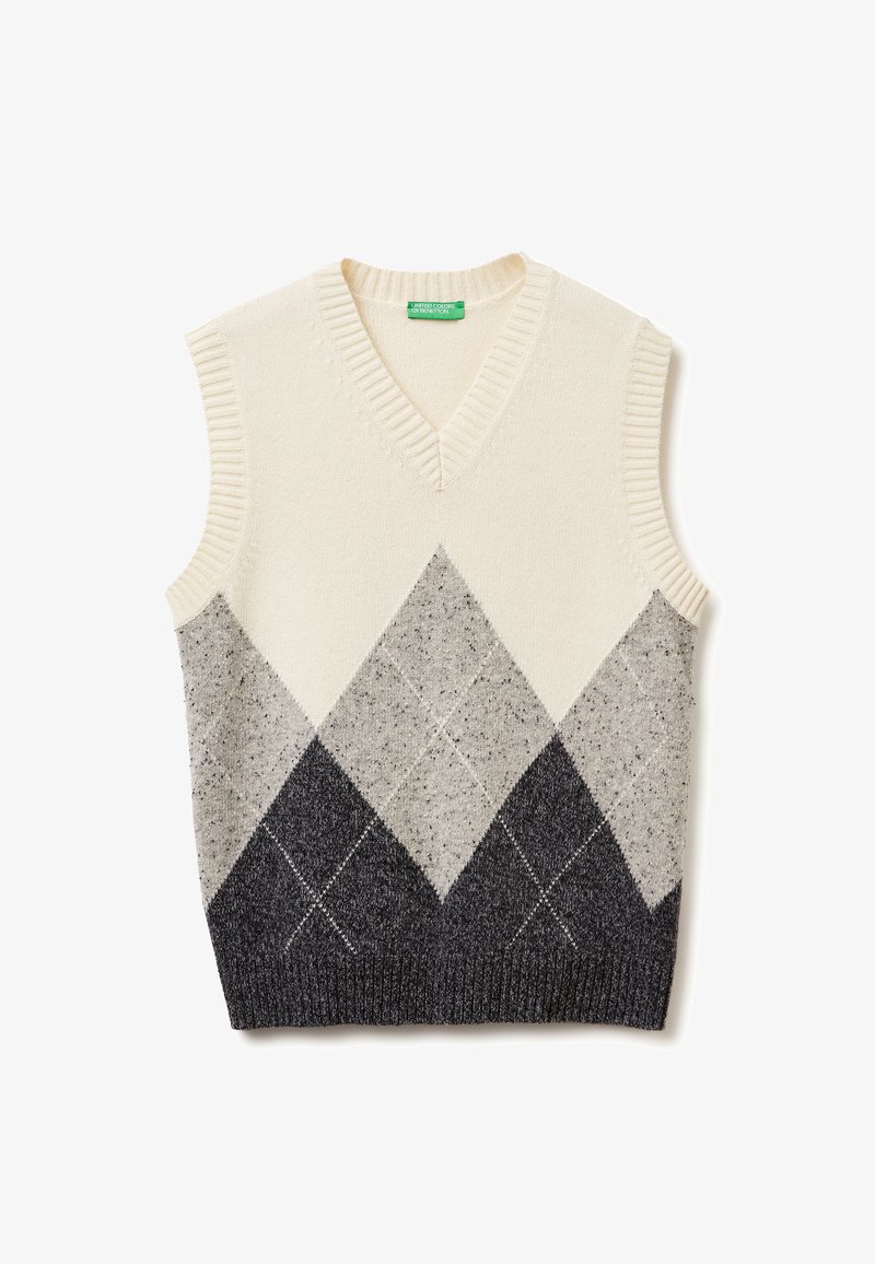 Pullover-Weste in Creme, Grau und Schwarz; V-Ausschnitt-Design mit Rautenmuster und gerippten Kanten für Textur und Form. Weiches Strickmaterial.