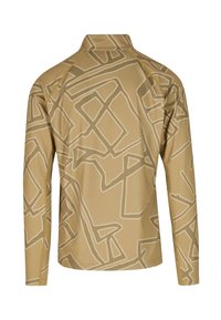 Langärmliges, beiges Hemd mit einem strukturierten Muster in hellem Beige. Verfügt über einen hohen Kragen und dezente gelbe Nähte entlang der Nähte.