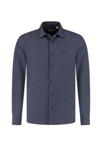Heren langetermijn gestreepte marineblauwe button-up shirt met een kraag en klein geborduurd logo op de linkerborst.