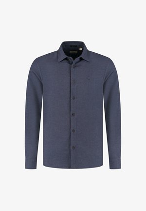 Herren Langarm-Hemd in Marineblau mit Knöpfen, Kragen und kleinem gesticktem Logo auf der linken Brust.
