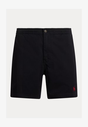 Bañador negro con cintura elástica, cierre de botón y un pequeño logo rojo en la parte inferior del lado izquierdo. Tejido suave con corte clásico.