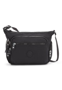 Černá nylonová crossbody taška s několika zipovými přihrádkami, logem a nastavitelným popruhem. Hladký povrch a minimalistický design.