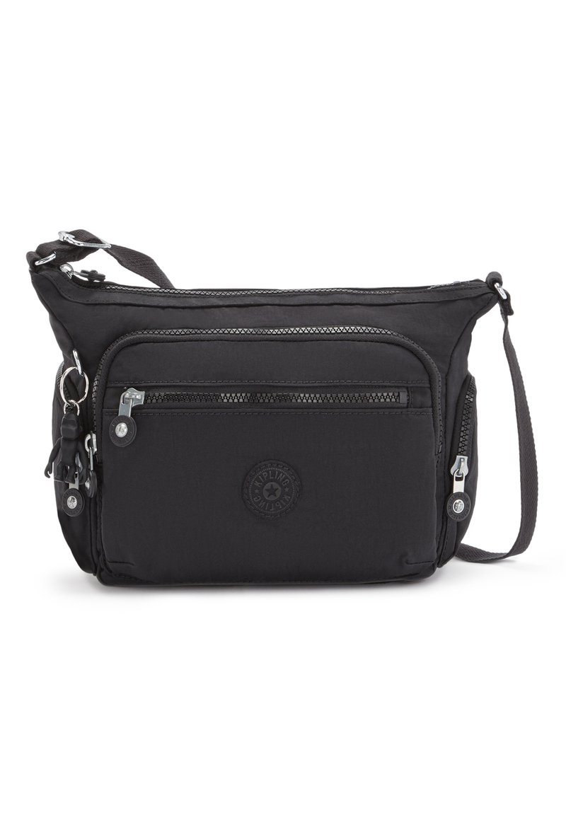 Černá nylonová crossbody taška s několika zipovými přihrádkami, logem a nastavitelným popruhem. Hladký povrch a minimalistický design.