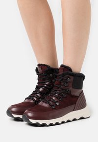 Stivali alla caviglia color marrone scuro con fodera in pelliccia nera, suede texturizzato e pelle liscia. Presentano lacci neri e una suola bianca zigzag.