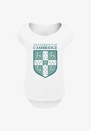 White T-shirt featuring the University of Cambridge crest in teal. Design includes lions and arrows within a shield shape with rounded edges.