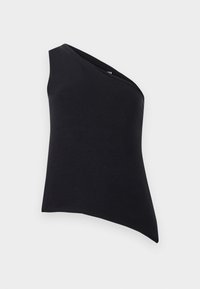 Asymmetrisk svart topp med én skulderdesign. Laget av myk stoff, har en glatt tekstur og rene linjer. Ingen lukkinger eller pynt.