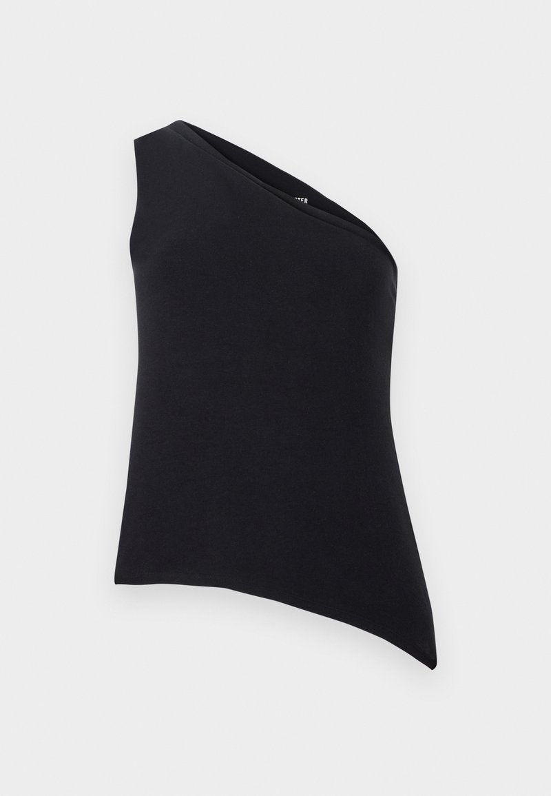 Asymmetrisches schwarzes Oberteil mit einem Schulterdesign. Hergestellt aus weichem Stoff, zeichnet sich durch eine glatte Textur und klare Linien aus. Keine Verschlüsse oder Verzierungen.