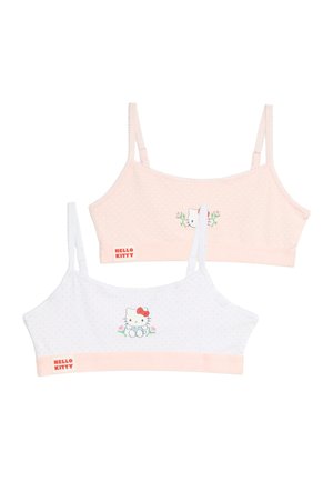 Dwa krótkie topy Hello Kitty dla dziewczynek, jeden jasnoróżowy i jeden biały, oba w drobne kropki z grafiką Hello Kitty z przodu.