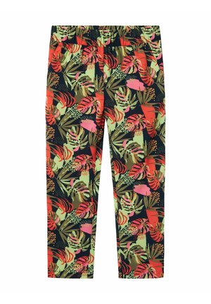 Pantalons avec une taille élastique, présentant un motif floral vibrant en rose, vert et rouge sur un fond sombre, fabriqués en tissu léger.