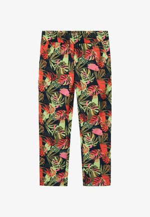 Pantalons avec une taille élastique, présentant un motif floral vibrant en rose, vert et rouge sur un fond sombre, fabriqués en tissu léger.