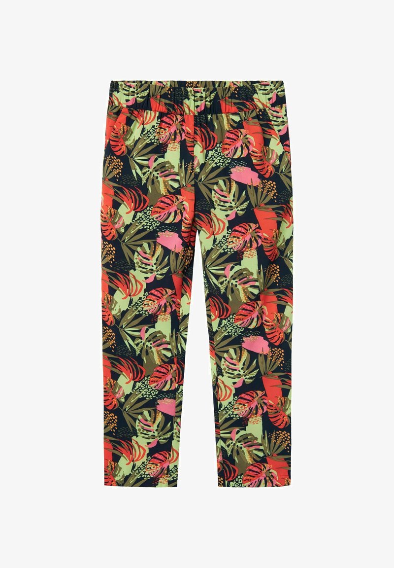 Pantalons avec une taille élastique, présentant un motif floral vibrant en rose, vert et rouge sur un fond sombre, fabriqués en tissu léger.
