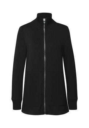 Schwarze Zip-Jacke mit hohem, geripptem Kragen, zwei Vordertaschen und gerippten Bündchen, aus einem glatten, weichen Stoff gefertigt.