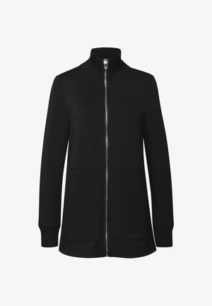 Black zip-up jacket with a high ribbed collar, two front pockets, and ribbed cuffs, featuring a smooth, soft fabric texture.