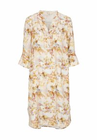 Blumenmusterkleid aus leichtem Stoff mit Rüschenausschnitt und drei Viertel langen Glockenärmel in sanften Pastellfarben.
