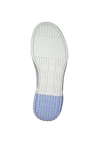 Semelle de sneaker Skechers avec un design texturé blanc et lavande, présentant un motif à carreaux et un logo sur le talon, bords arrondis.