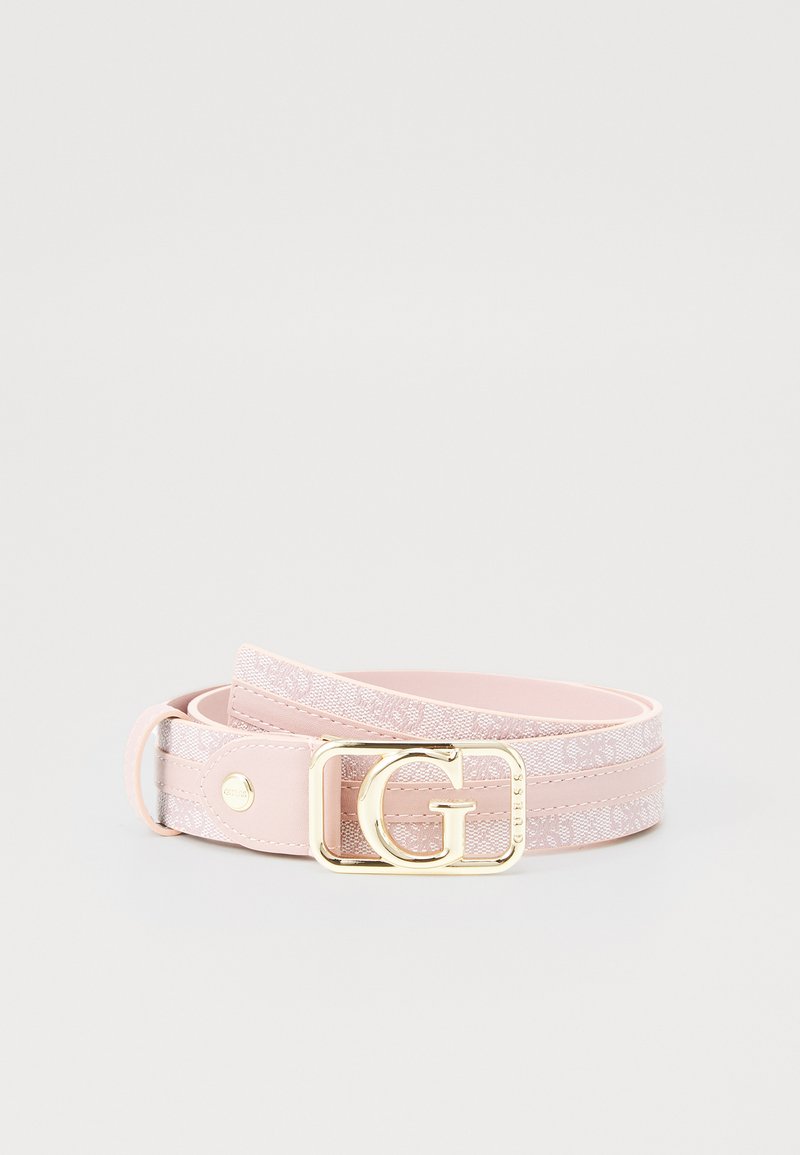 Roze leren riem met een gouden G-sluiting, voorzien van een bedrukt stoffen inleg. Glad textuur met een breed riemontwerp.