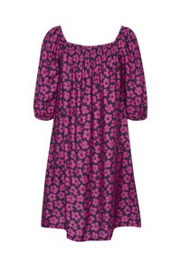 Blumenkleid in Dunkelblau mit lebhaften pinken Blumen, ausgestattet mit einem quadratischen Ausschnitt und Puffärmeln. Hergestellt aus leichtem Stoff; lockere Passform.