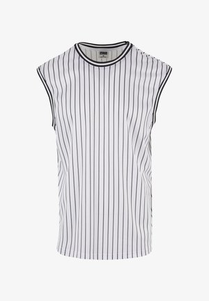 Top alb fără mâneci, cu dungi verticale negre, guler rotund și țesătură din plasă texturată. Design simplu, cu o croială casuală.