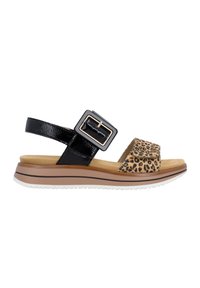 Open-toe sandal with leopard print front strap, black patent ankle strap with large buckle, cushioned sole, and white rubber outsole.