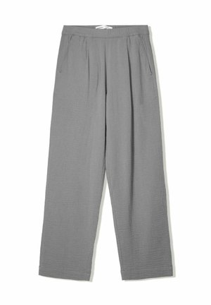 Light gray wide-leg pants made from textured fabric, featuring a soft elastic waistband and side pockets for functionality.