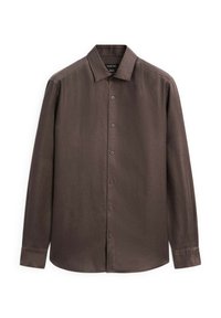 Braunes, langärmliges Hemd aus glattem Stoff mit Knöpfen. Verfügt über einen spitzen Kragen und eine vordere Knopfleiste mit sechs passenden Knöpfen.