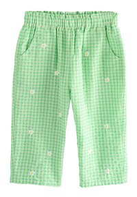 Grüne Gingham-Hosen aus strukturiertem Stoff mit elastischem Bund und gestickten Gänseblümchen. Mit Seitentaschen.