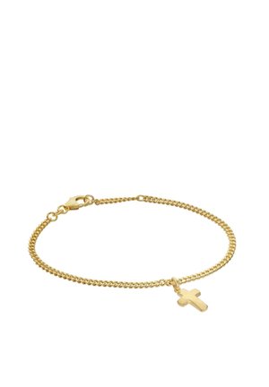 Zartes Goldkettchen-Armband mit einem kleinen, polierten Kreuzanhänger und Karabinerverschluss auf weißem Hintergrund.