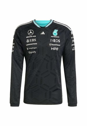 Langärmliges schwarzes Trikot mit geometrischem Muster, türkisfarbenen Akzenten, Rundhalsausschnitt und Sponsorenlogos, gefertigt aus leichtem, synthetischem Material.