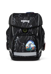 Black backpack with a lightning pattern, featuring a green inner ring, a decorative badge, and reflective stripes on the front pocket.