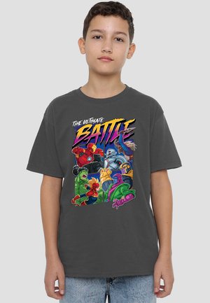 Gray cotton t-shirt featuring a colorful graphic print of comic book characters engaged in battle with bold text above stating “THE ULTIMATE BATTLE.”