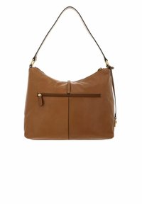 Sac d'épaule en cuir marron à la forme courbe, fermeture éclair sur le dessus, poche avant, et bandoulière contrastante. Accessoires en métal doré.