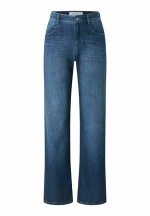 Donkerblauwe denim jeans met een recht model, hoge taille en subtiele stikdetails. Beschikt over riemlussen en een vijf-pocket ontwerp.