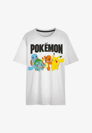 Witte katoenen t-shirt met een levendige afbeelding van vier Pokémon-personages: Squirtle, Charmander, Bulbasaur en Pikachu, onder de tekst "POKÉMON."